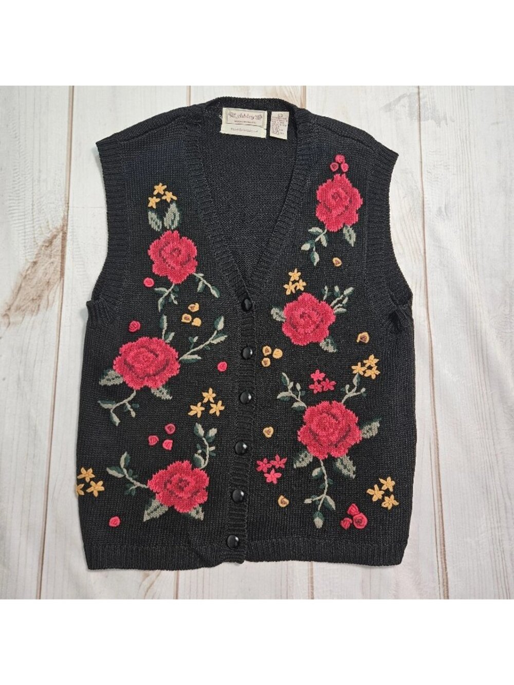 VTG Cardigan Sweater Vest Embroidered Floral Size L Black Granny Cottage Whimsy